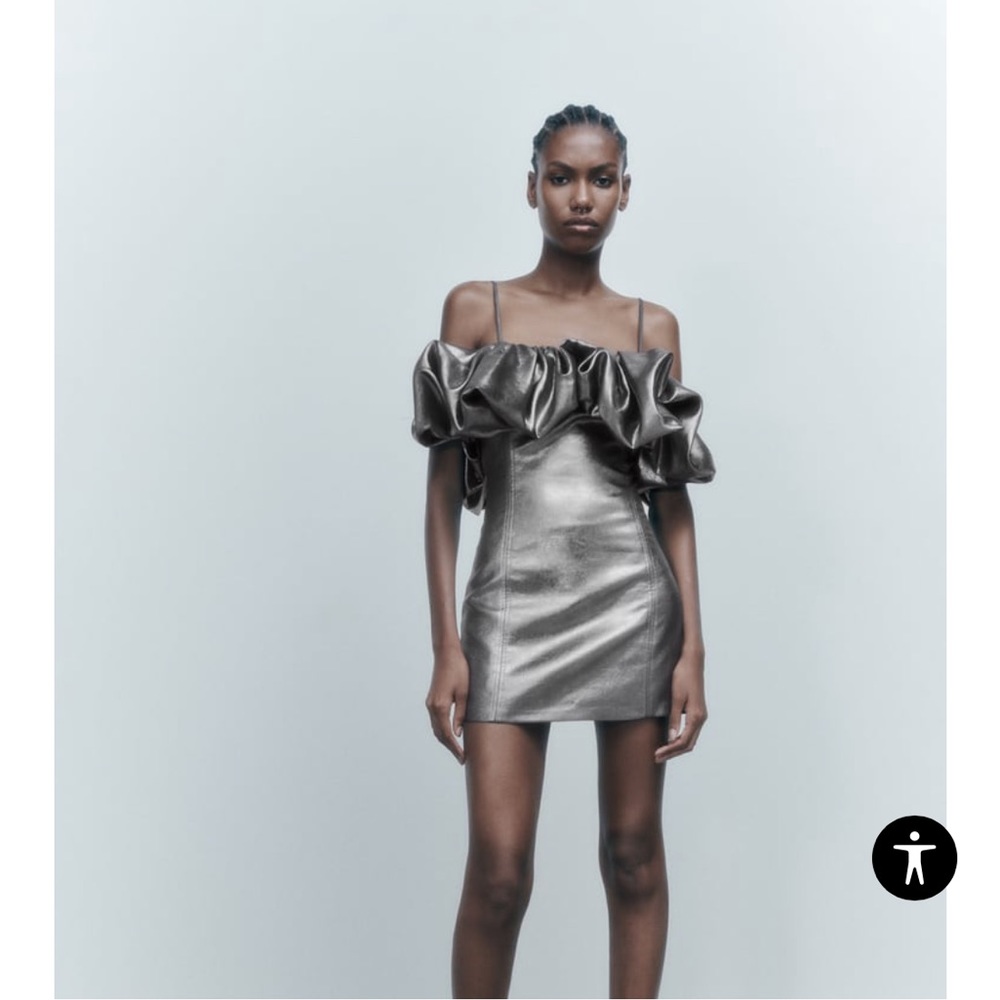 Zara voluminous mini dress in silver straight neckline with straps size S NWT - Picture 1 of 1